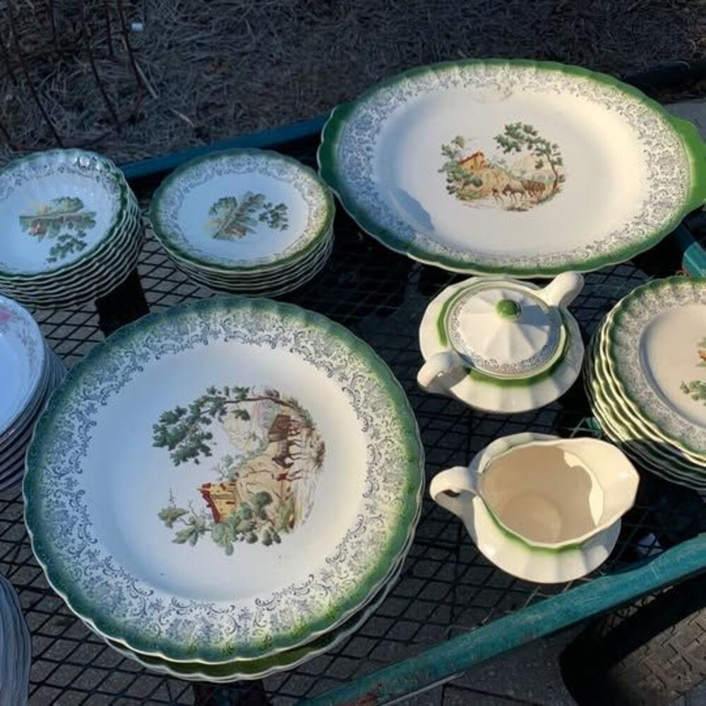 Vintage American Limegos Green Pastoral Scene Dinnerware Set